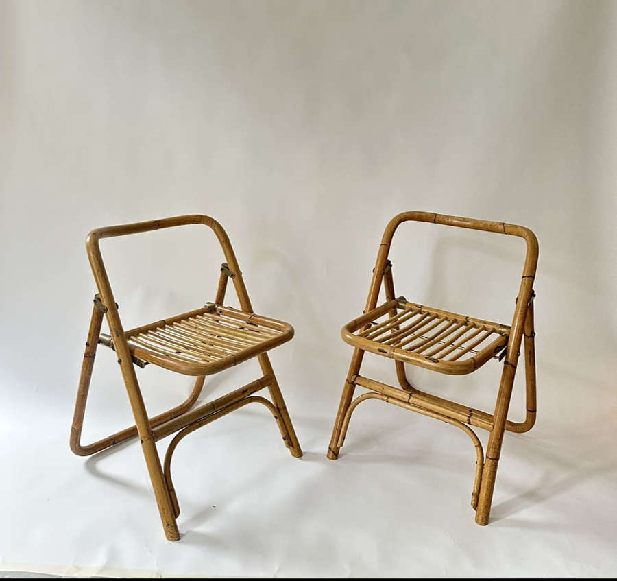 Pair of Rattan & Brass Foldable Chairs - Italy 60s